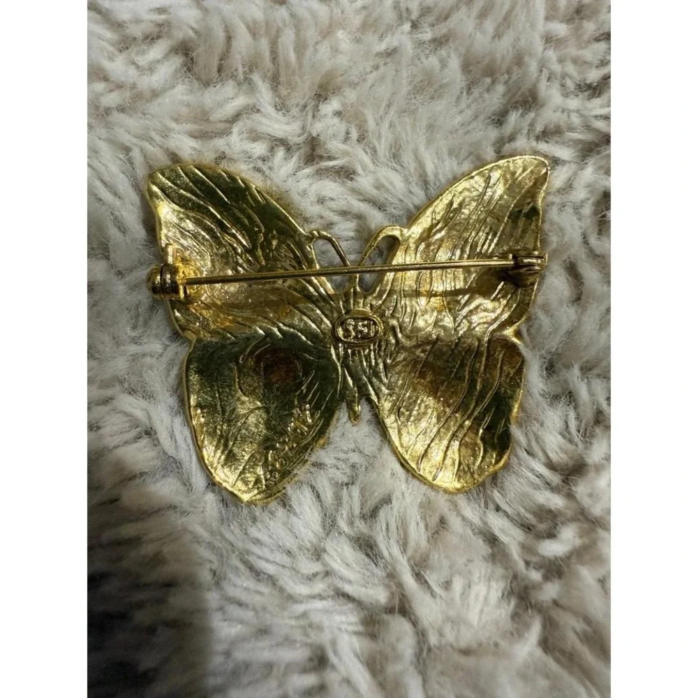Vintage SFJ Signed Gold Tone Enamel Butterfly Brooch Pin‎ Green Blue Wings